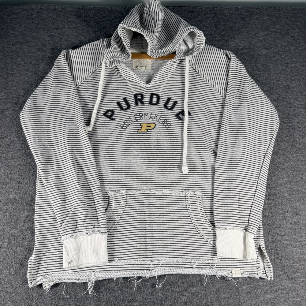 Women's Purdue Boilermakers Striped Hoodie Raw Hem Picket Football Size L Cozy